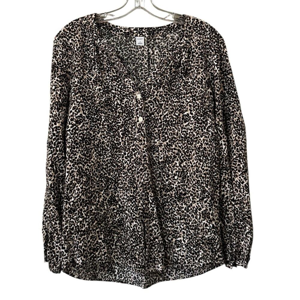 Old Navy Women Sz Small Leopard Print Popover Top Long Sleeve Lightweight Shirt
